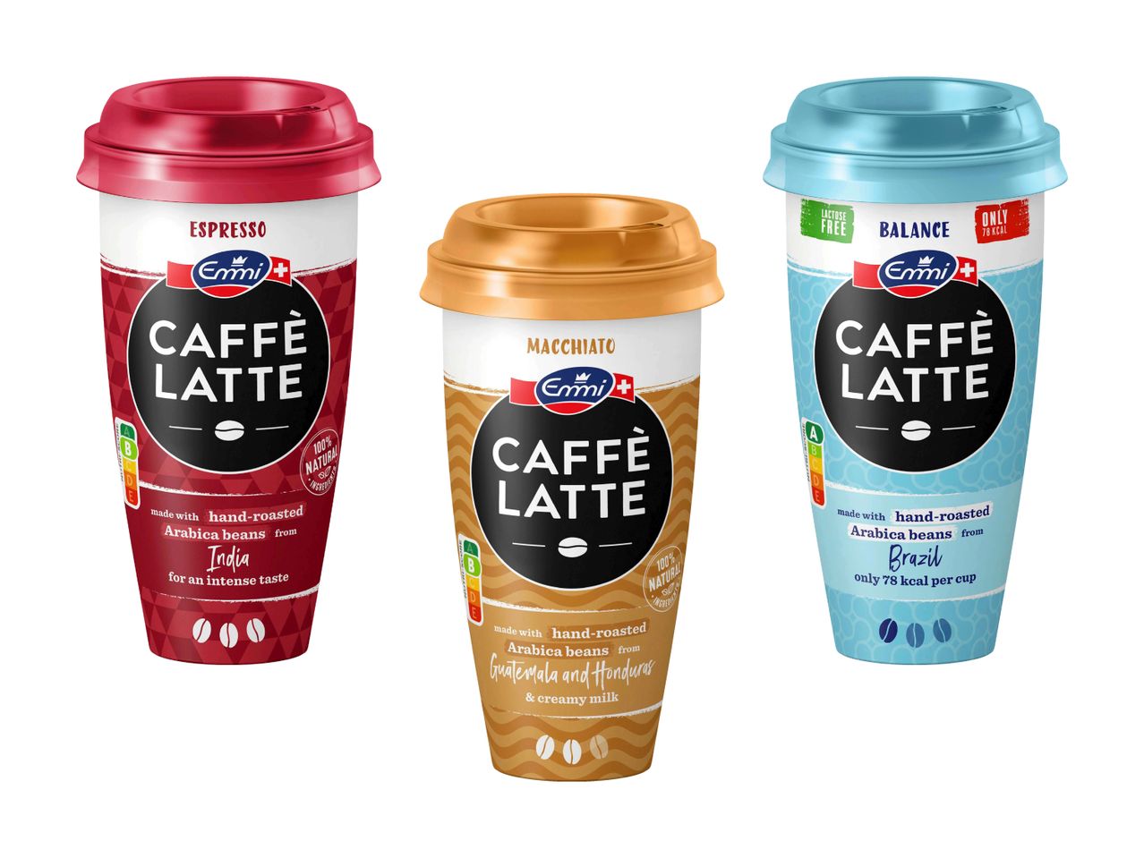 Drei President Caffè Latte Becher in verschiedenen Geschmacksrichtungen (Himbeere, Karamell, Minze).
