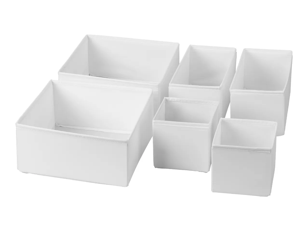 Set of six white fabric storage boxes in various sizes, arranged on a white background.