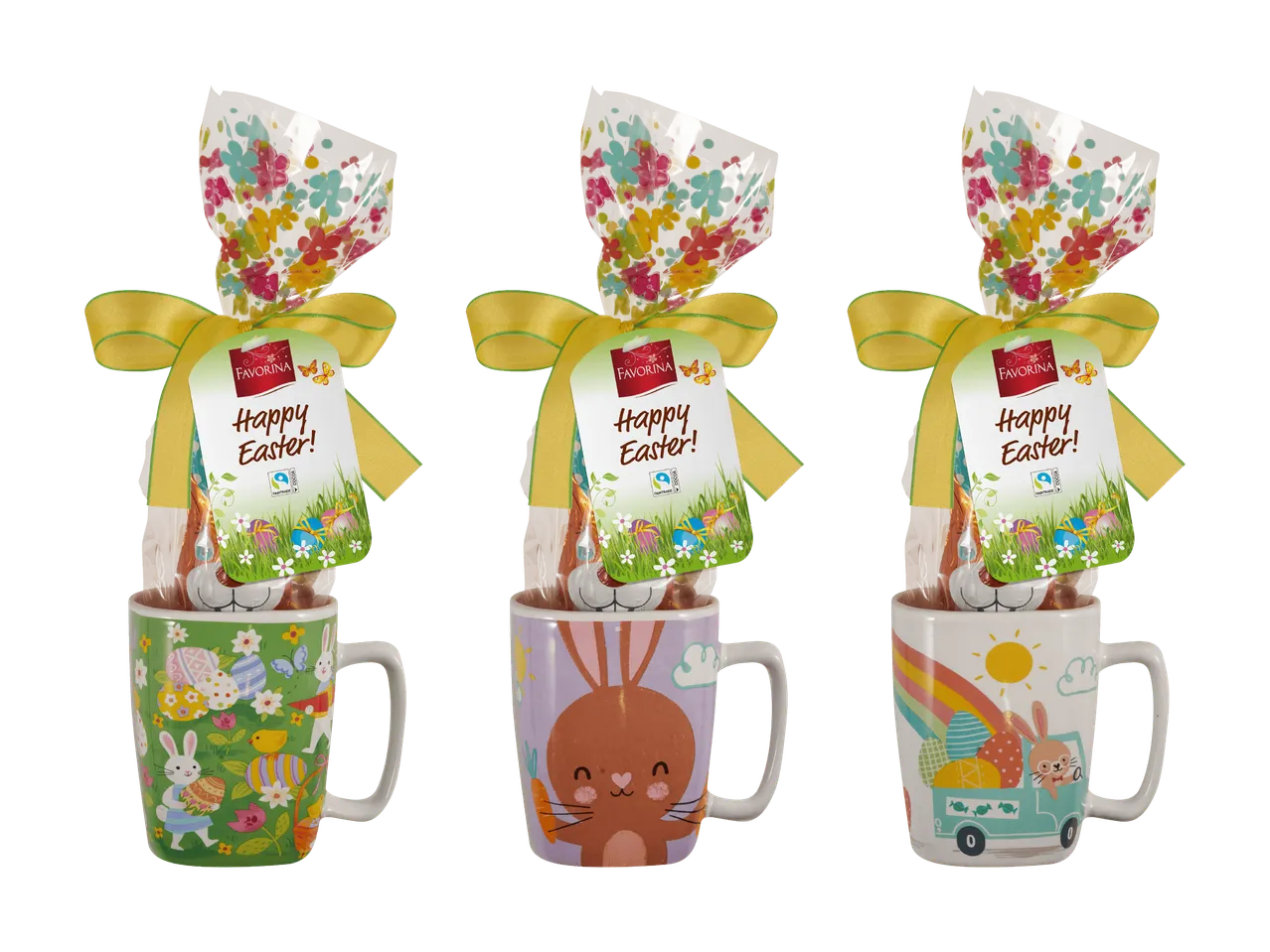 Drei Osterbecher mit Süßigkeiten und „Happy Easter“-Anhängern, verpackt in Blumenfolie.