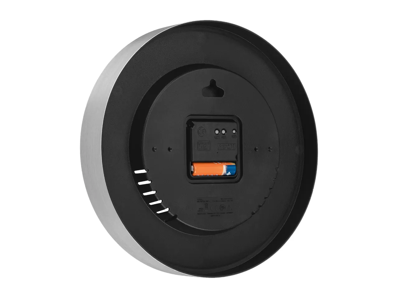 Back view of a round wall clock with battery compartment and hanging slot