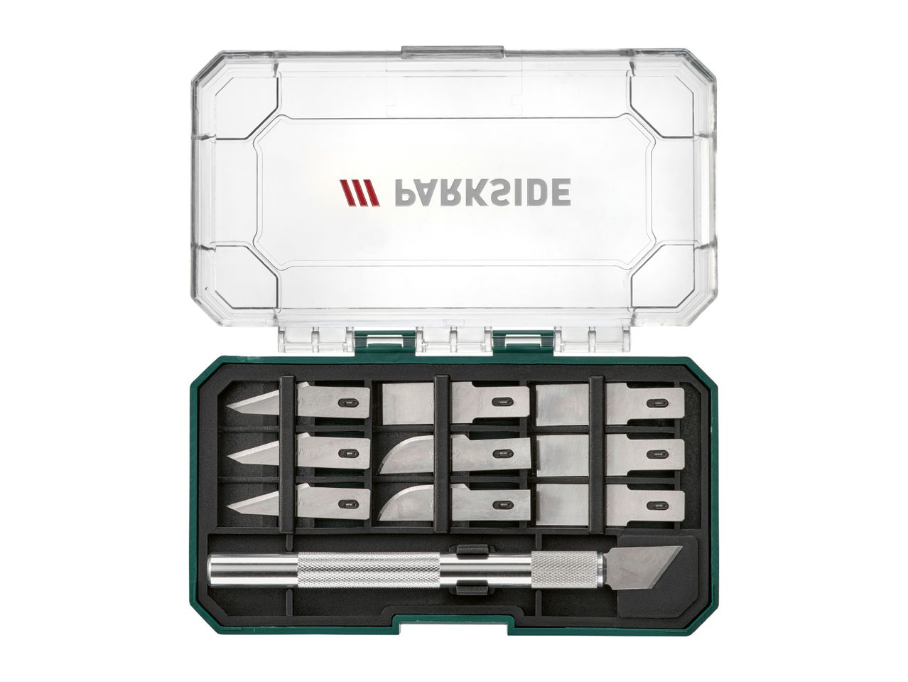 Parkside precision knife set with various blades and handle in a case.
