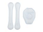 Two long, narrow, light blue silicone inserts and one octagonal silicone insert.
