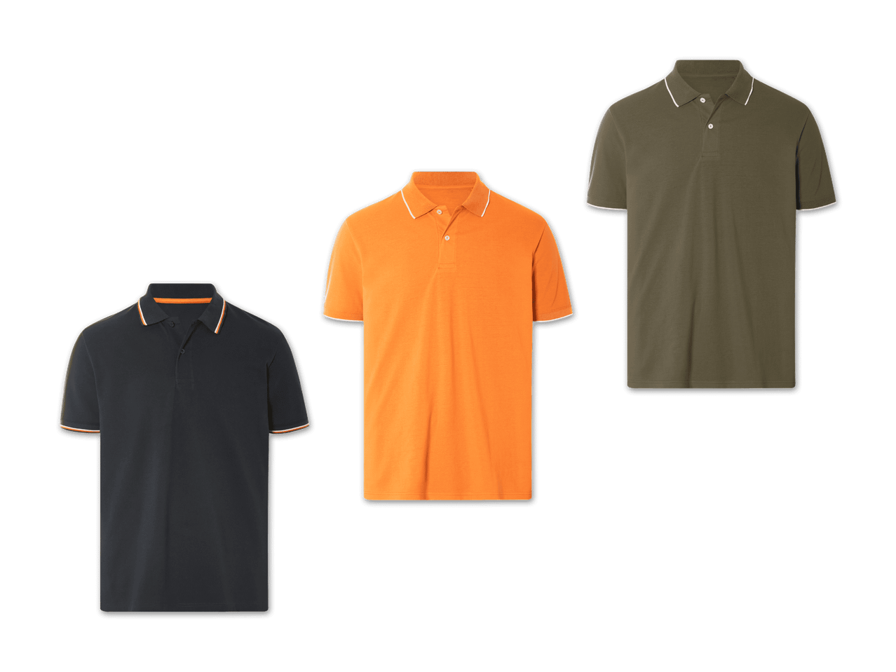 Drei Poloshirts in verschiedenen Farben: Dunkelblau, Orange und Olivgrün.