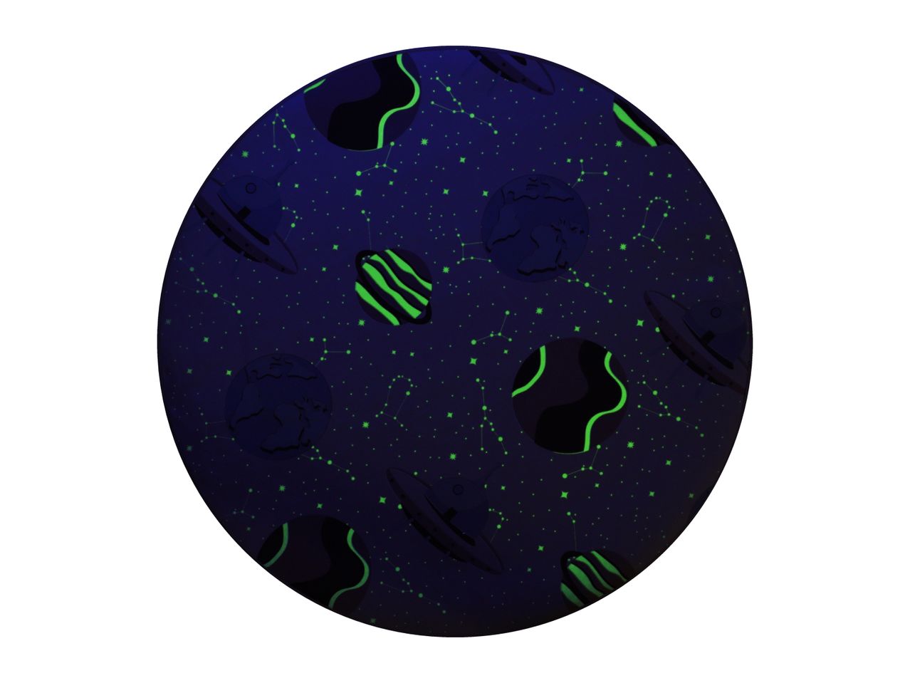 A dark blue circular mat with glow-in-the-dark planets, stars, constellations, and UFOs.