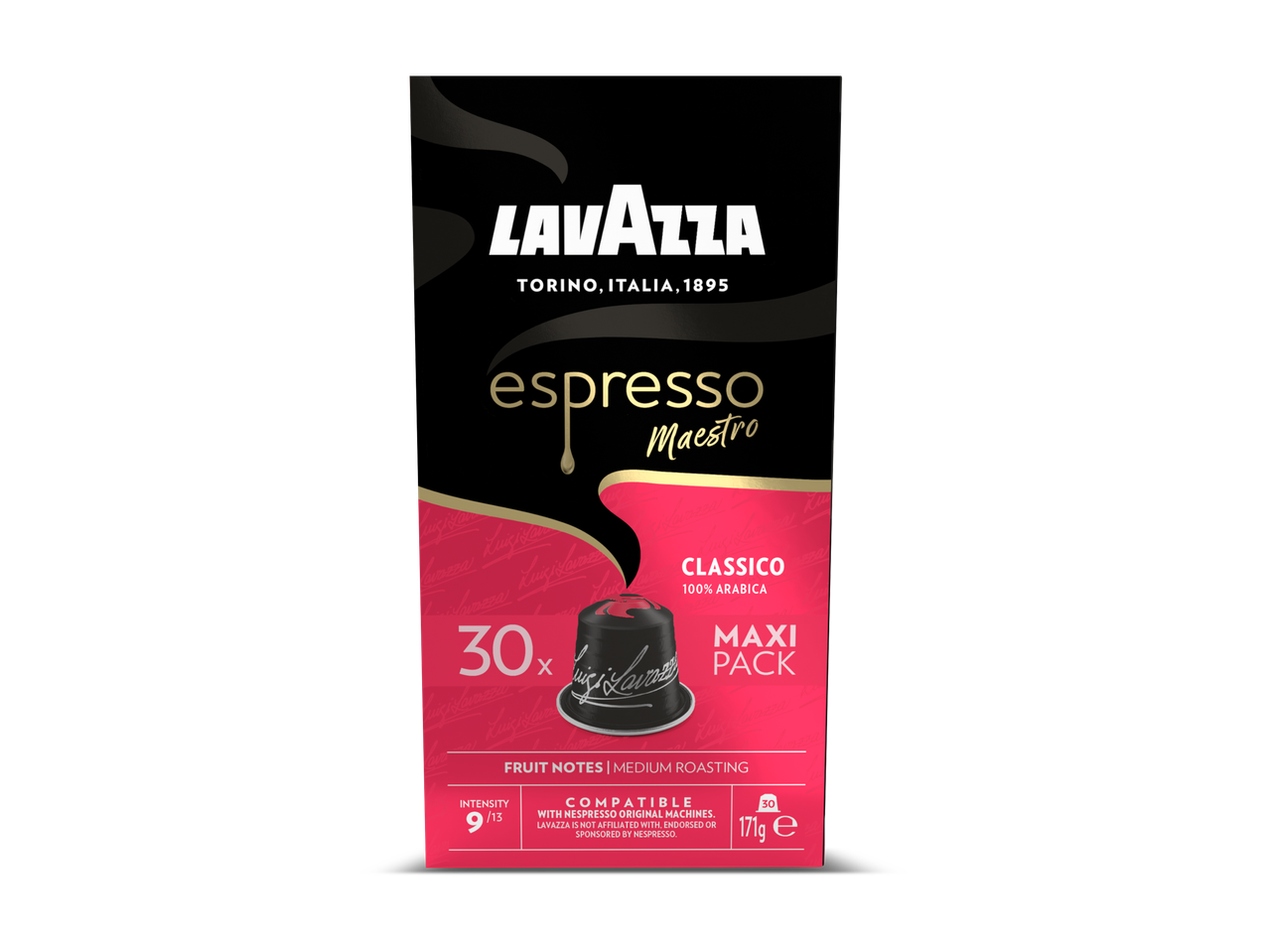 Verpakking met 30 koffiecapsules, 'espresso Maestro Classico 100% Arabica', intensiteit 9/13.