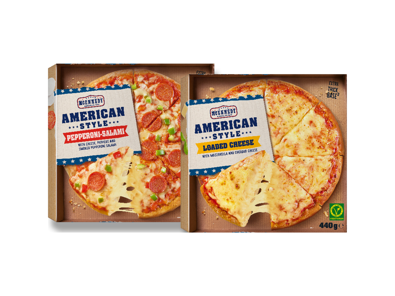Due pizze surgelate in stile americano, una ai peperoni e salame, l'altra ai quattro formaggi.