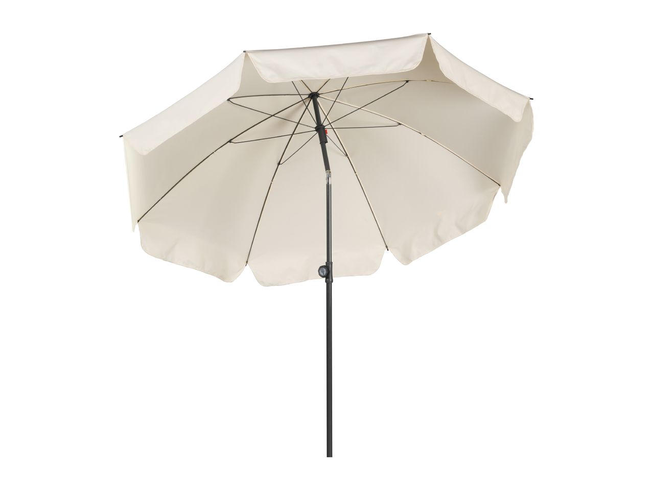 Cream-colored patio umbrella with a black pole and frame, open and angled.