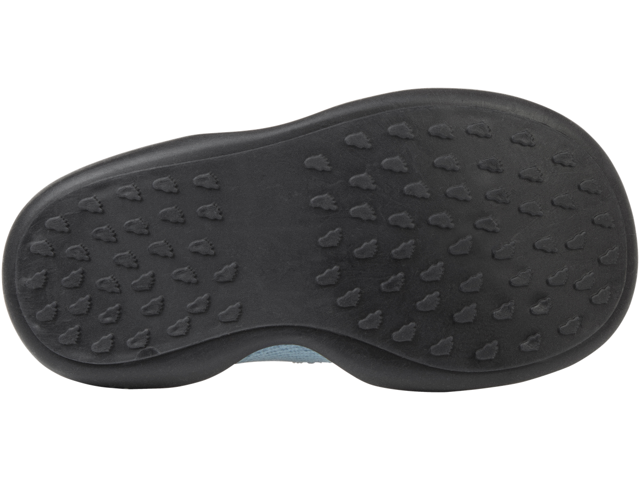 Shoe sole with embossed foot imprints.
