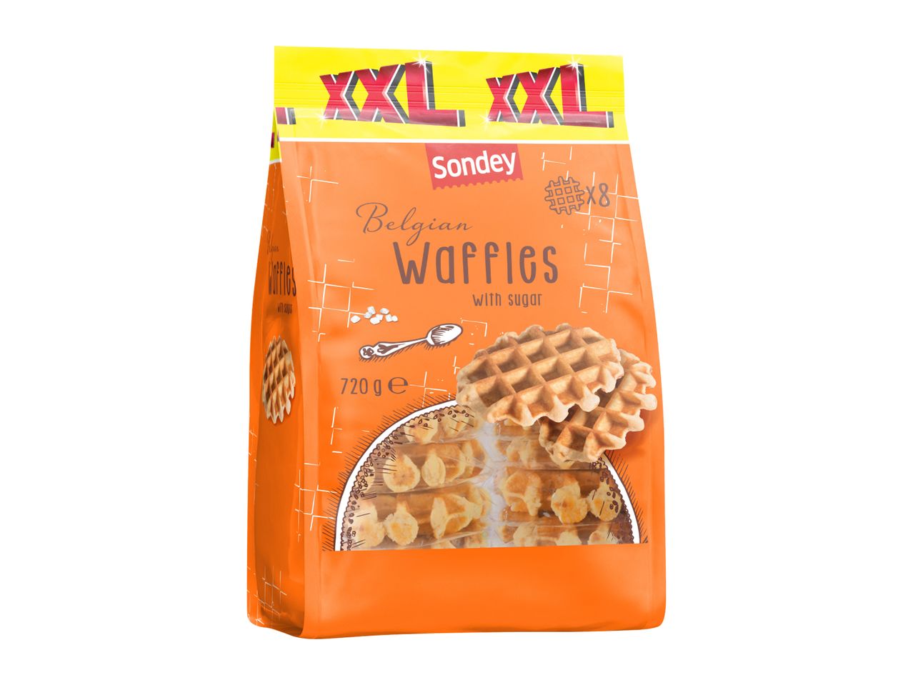 Orange bag of Belgian Waffles with sugar, showing waffles and sugar crystals, 720g, XXL size.