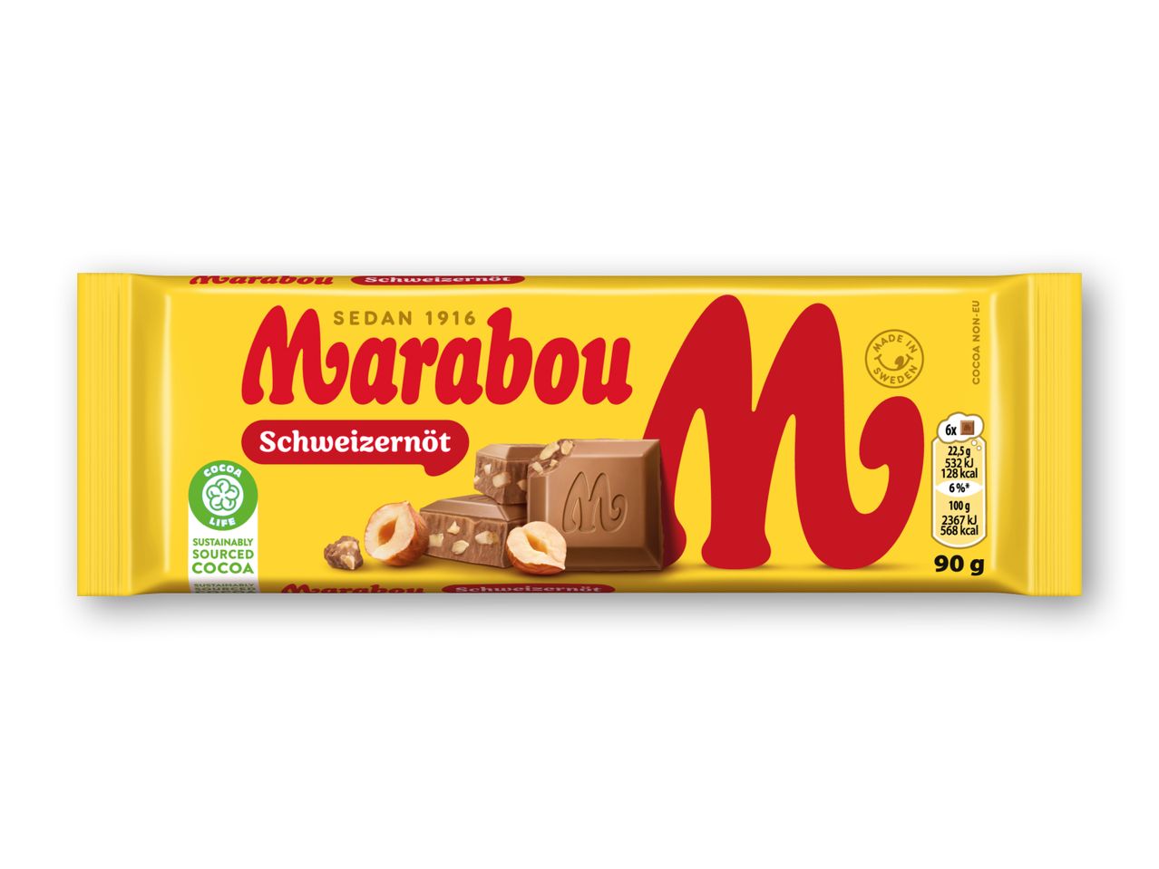 Gul chokoladebar med hasselnødder, mærket som bæredygtigt fremskaffet kakao.