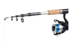 A telescopic fishing rod with a cork handle and a spinning reel with blue fishing line.