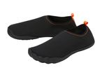 Pair of black water shoes with orange trim and pull tabs, designed for comfort and grip.