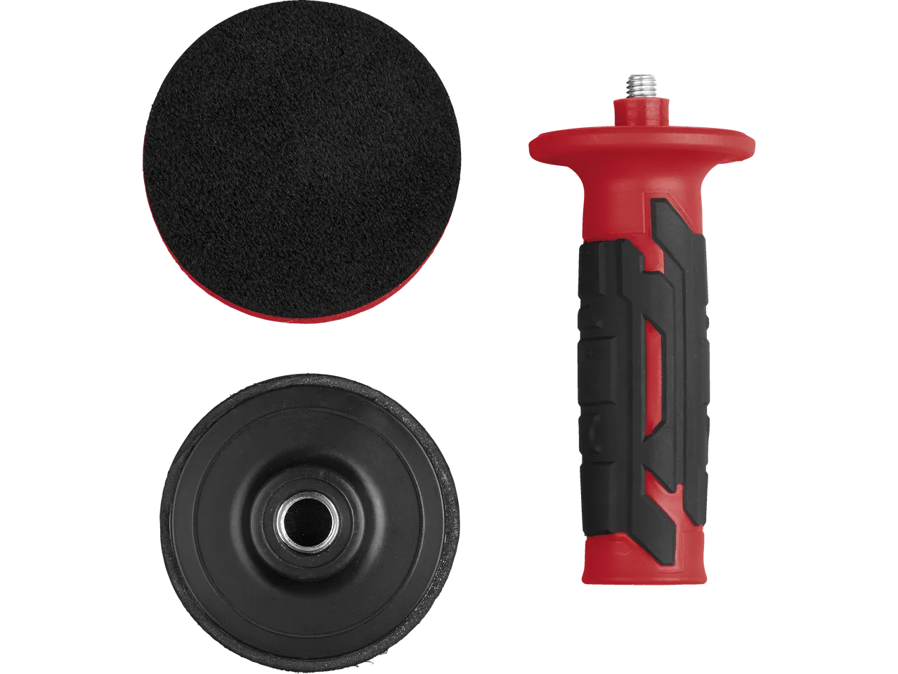 Abrasive discs and red-black handle for angle grinder.
