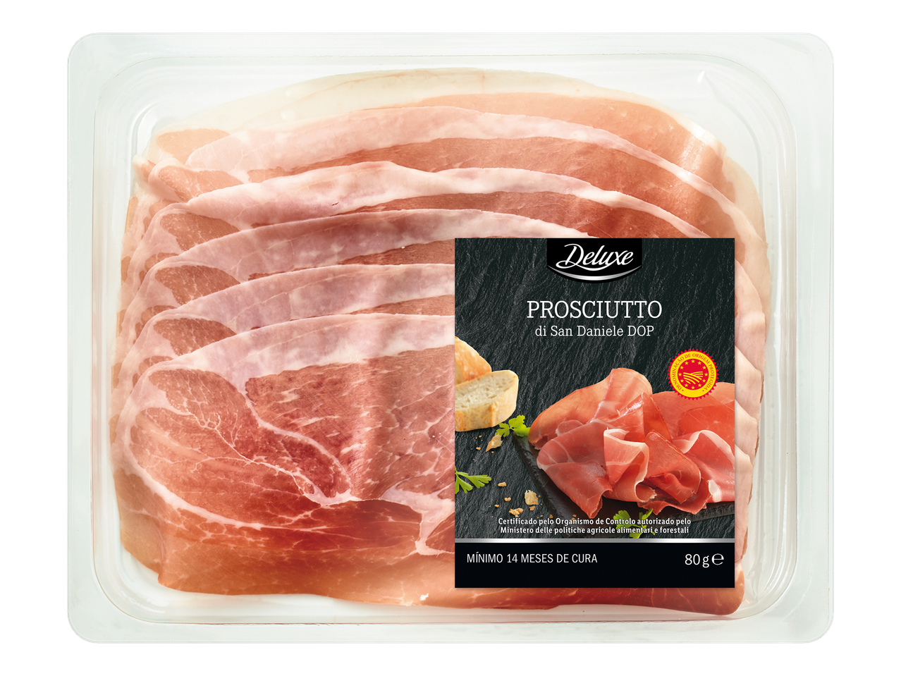 Deluxe Prosciutto di San Daniele DOP: fatias finas, embalado.