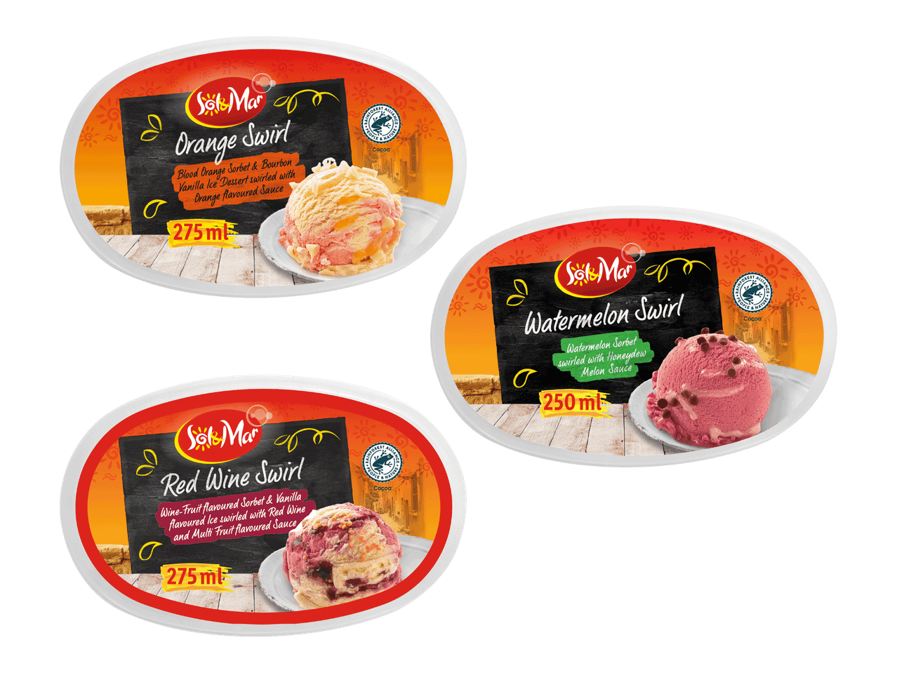 Kolme Juhla Mokka -jäätelöä: appelsiini, vadelma ja mustikka.
