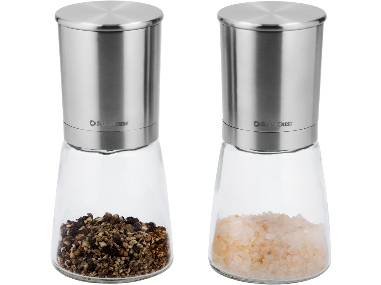 Dva staklena i nehrđajuća mlinca za začine s paprom i soli