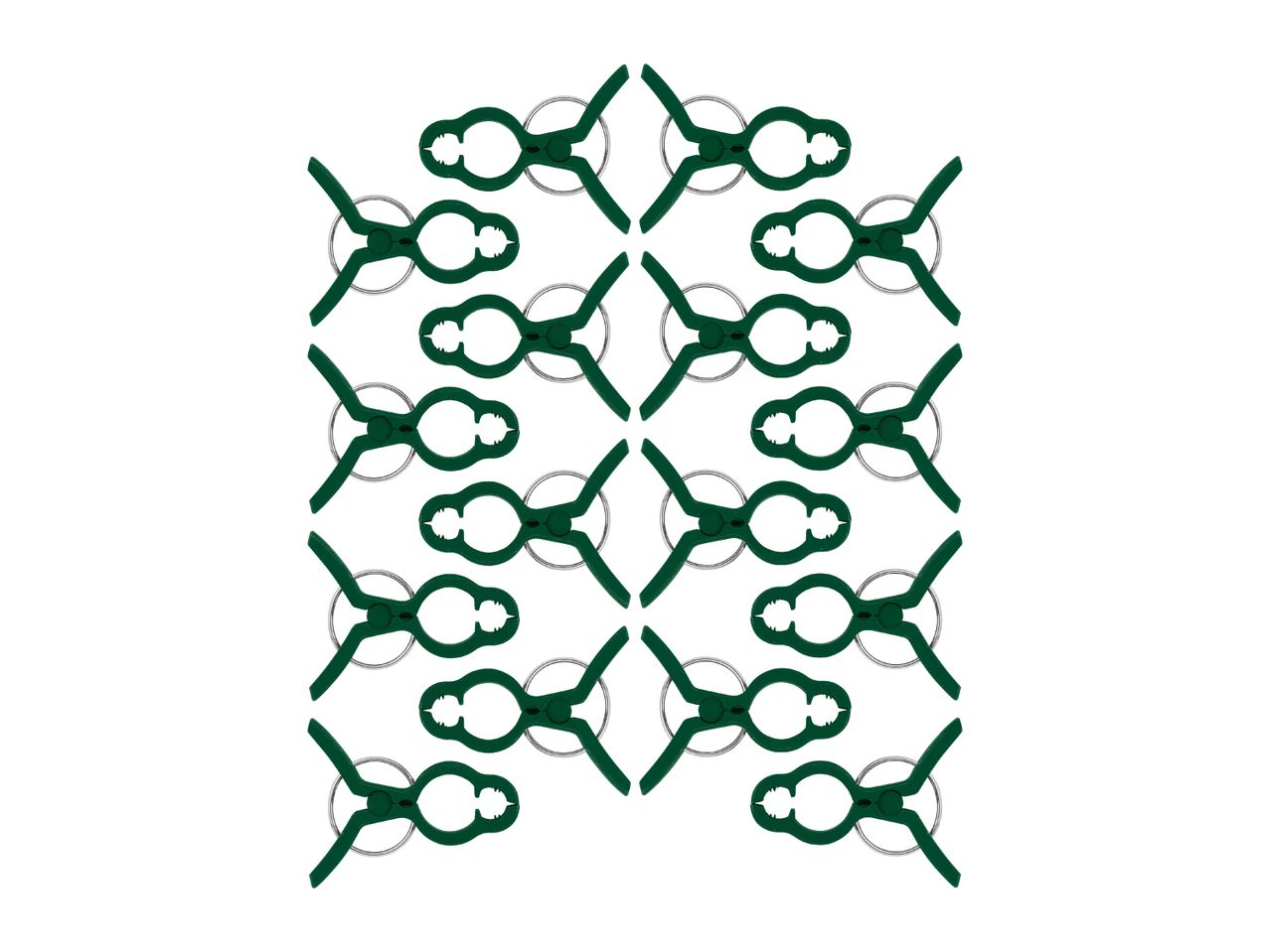 A pattern of green plastic clothes pegs with metal springs on a white background.