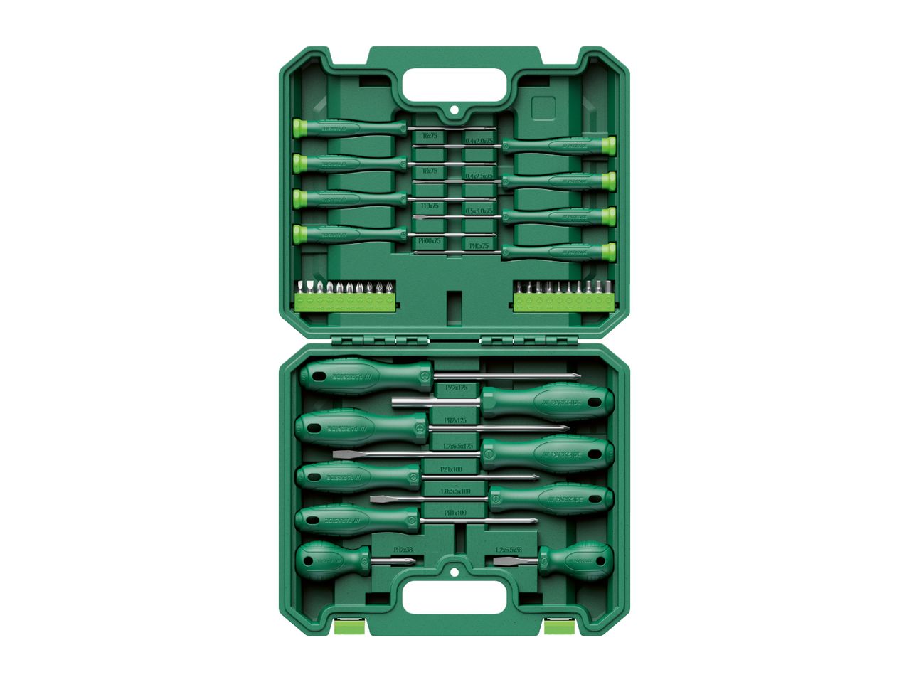 A green screwdriver set with various sizes of screwdrivers and bits, organized in an open case.