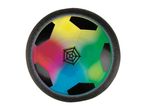 Colorful hover soccer ball with a black foam bumper and a spiderweb-like design in the center.