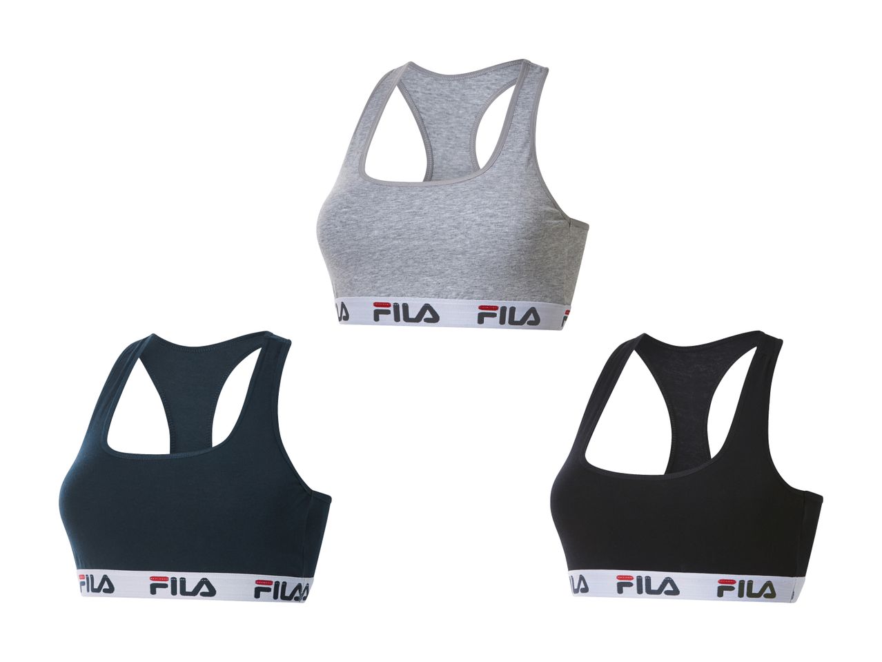 Drei Fila Sport-BHs in Grau, Dunkelblau und Schwarz.
