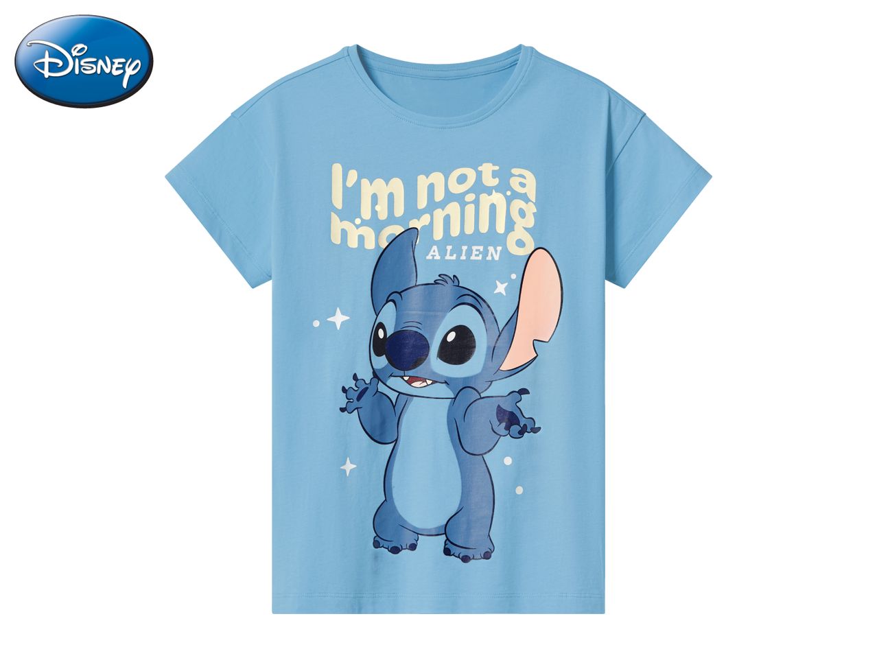 Light blue t-shirt with Stitch and text 'I'm not a morning alien'