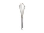 A stainless steel whisk with a loop at the end of the handle.