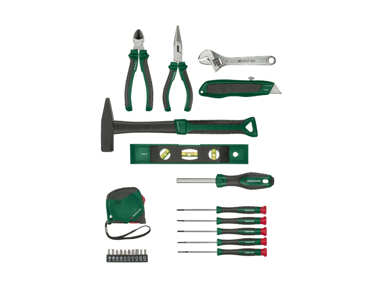 A collection of hand tools including pliers, a hammer, a spirit level, screwdrivers, a tape measure, and a utility knife.