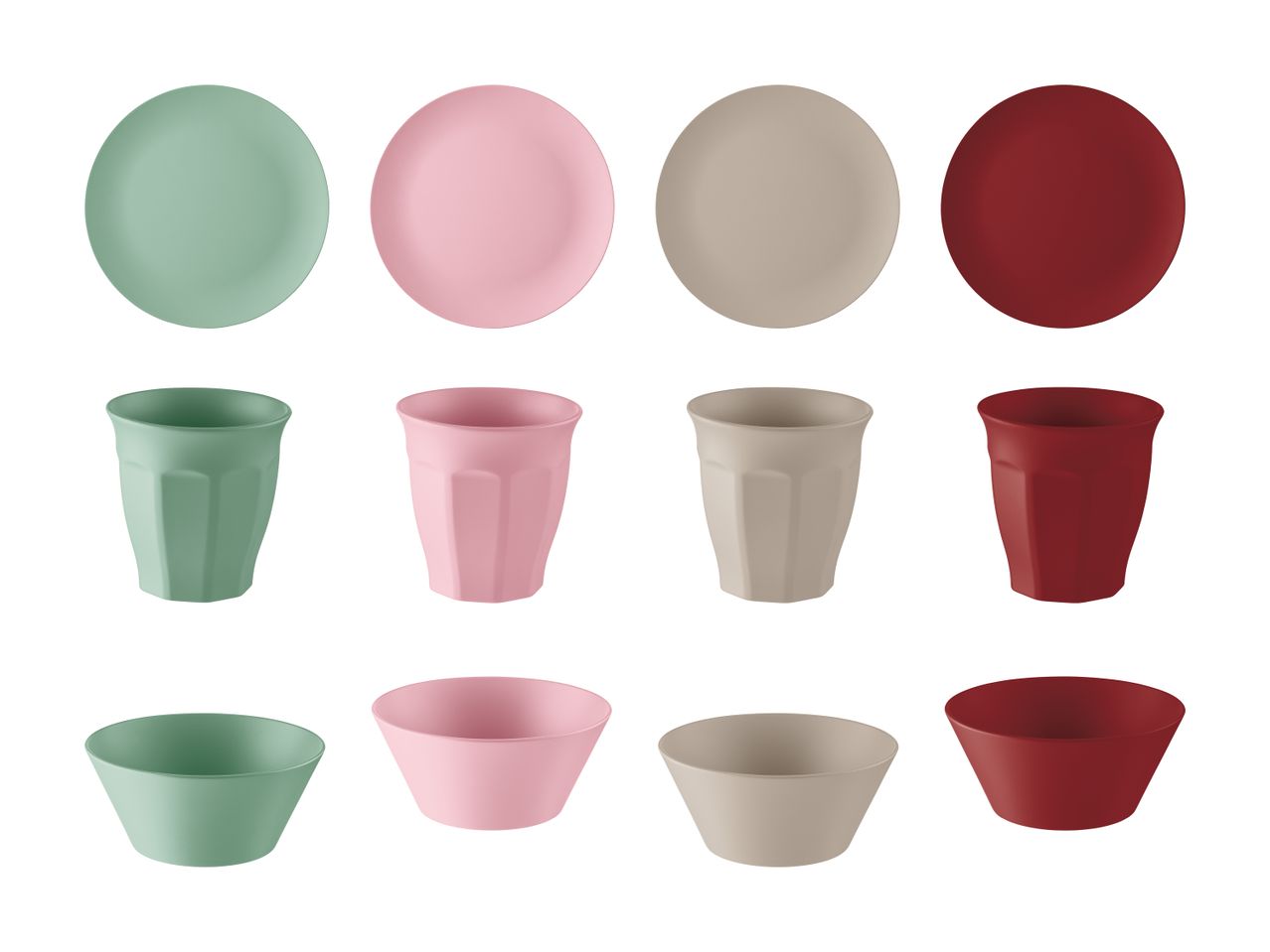 Et udvalg af farverige tallerkener, kopper og skåle i grøn, lyserød, beige og rød.