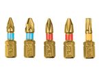Five gold-colored screwdriver bits with colored bands: two blue PZ2, two red PH2, and one orange T20.