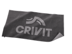 Serviette de sport grise avec logo et texte imprimés.