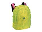 Yellow rain cover on a backpack with pink camouflage straps.