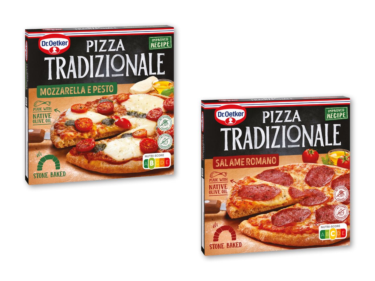 To Dr. Oetker Tradizionale pizzapakker: Mozzarella e Pesto og Salame Romano.