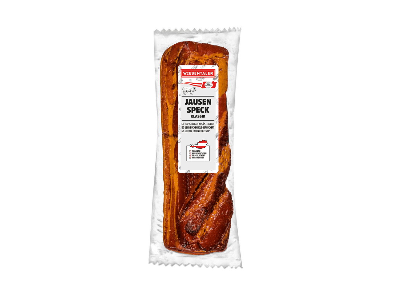 Verpackte, geräucherte Bauchspeckscheibe.