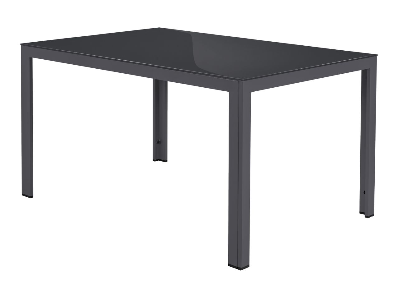 Dark grey rectangular outdoor dining table with a glass top and metal frame.
