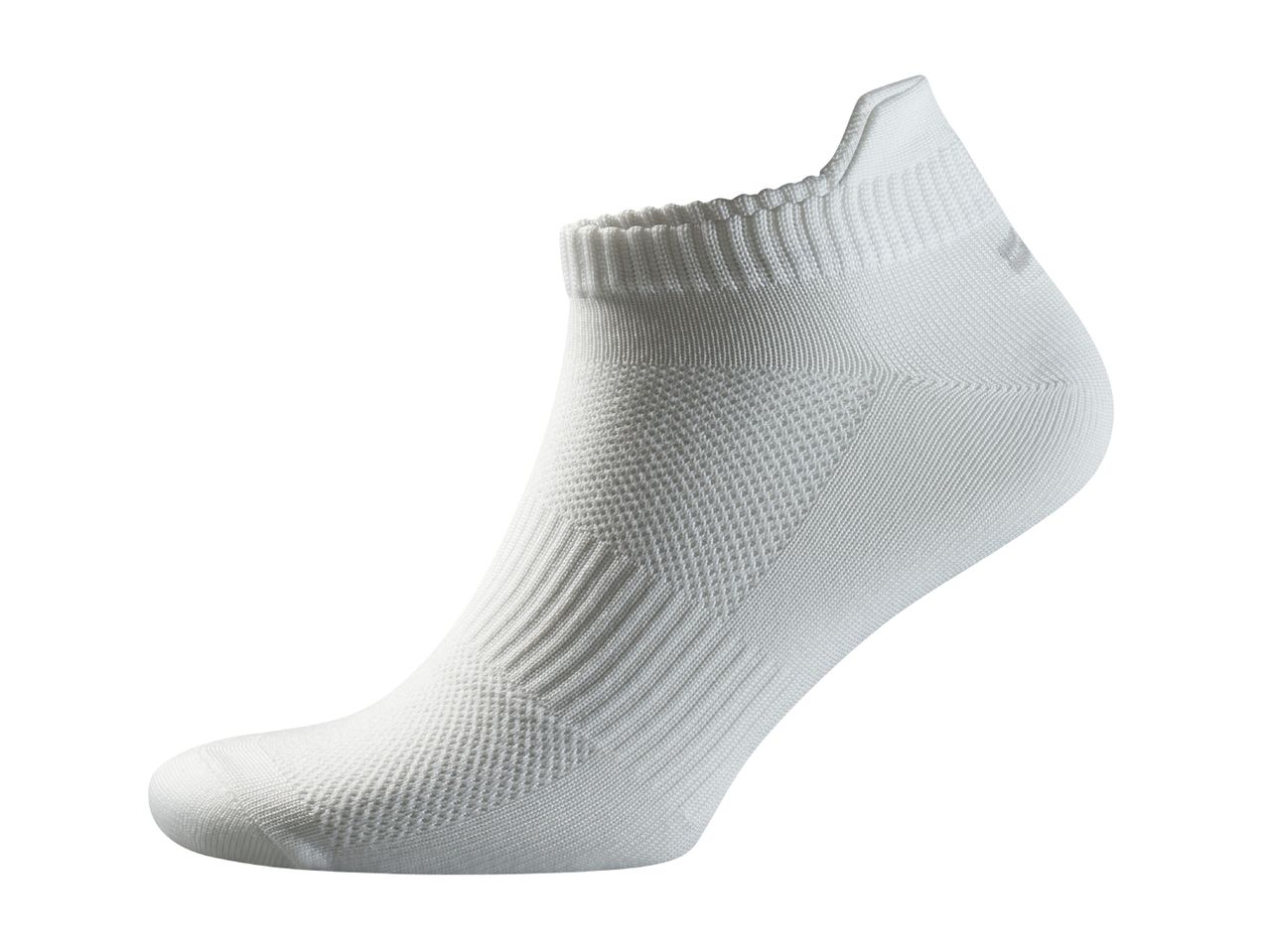 White ankle sock with textured patterns for breathability and support.