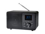 En sort digital radio med en udtrækkelig antenne og et display, der viser klokkeslæt og sanginformation.