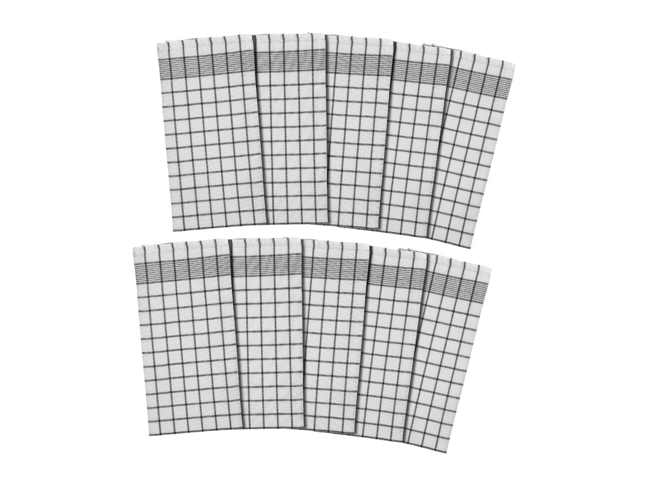 Two rows of white and black checkered kitchen towels.