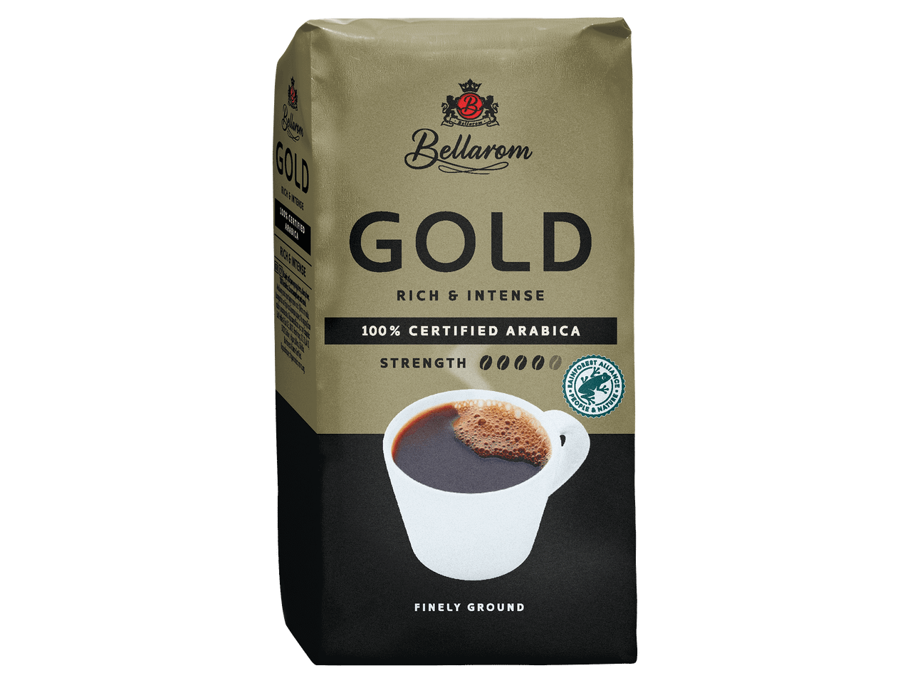 Arany színű csomagolású, finomra őrölt arabica kávé csészével ábrázolva.