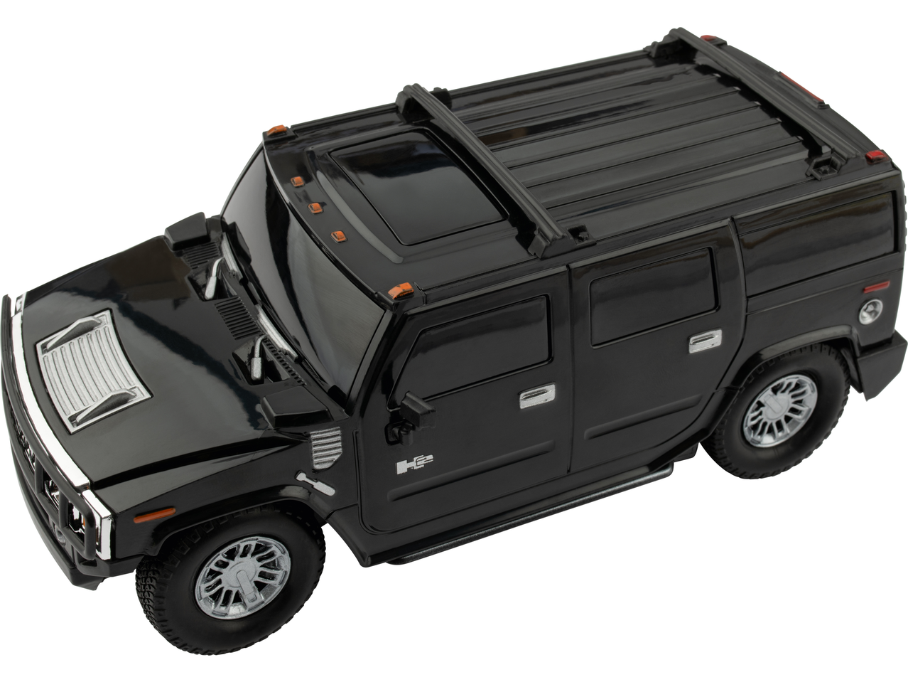 Black toy SUV with silver accents, viewed from above at an angle.