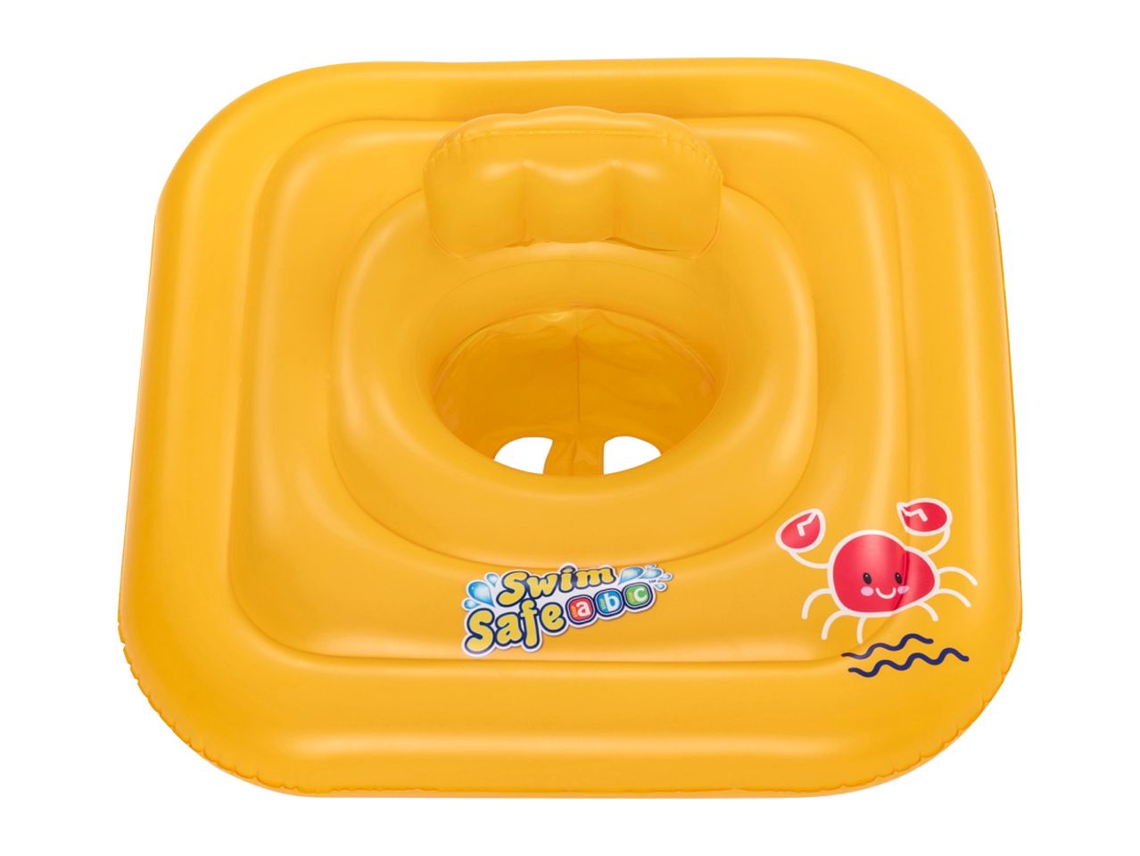 Yellow inflatable baby swim seat with a cute red crab and 'Swim Safe ABC' text.