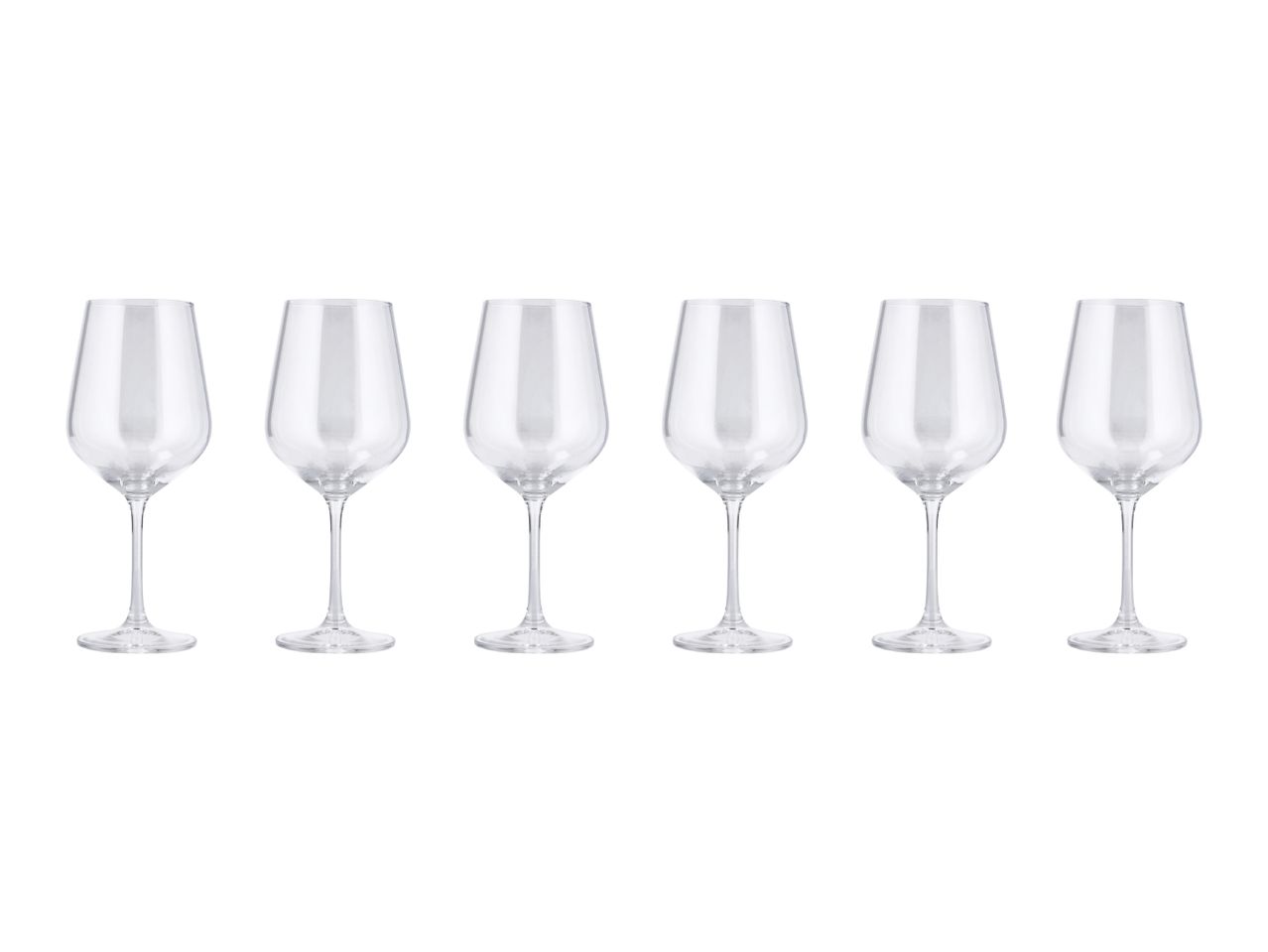 Six clear stemmed wine glasses arranged in a row on a white background.