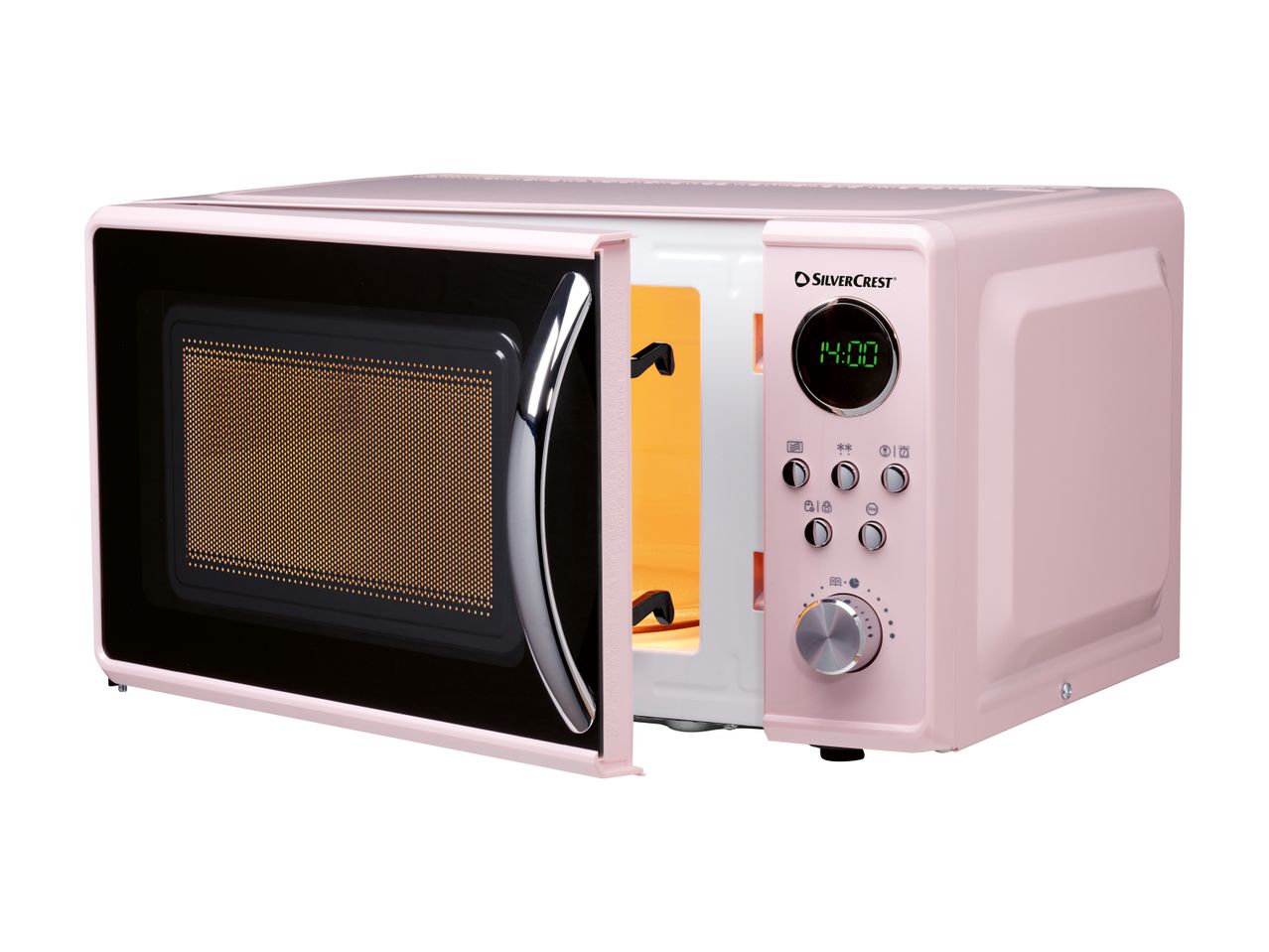 Pink SilverCrest microwave oven with the door open, displaying a digital clock.