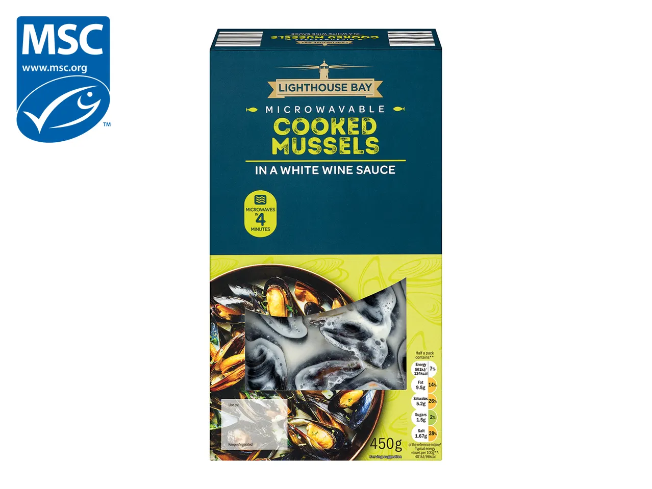 Lighthouse Bay: microwavable cooked mussels in white wine sauce.