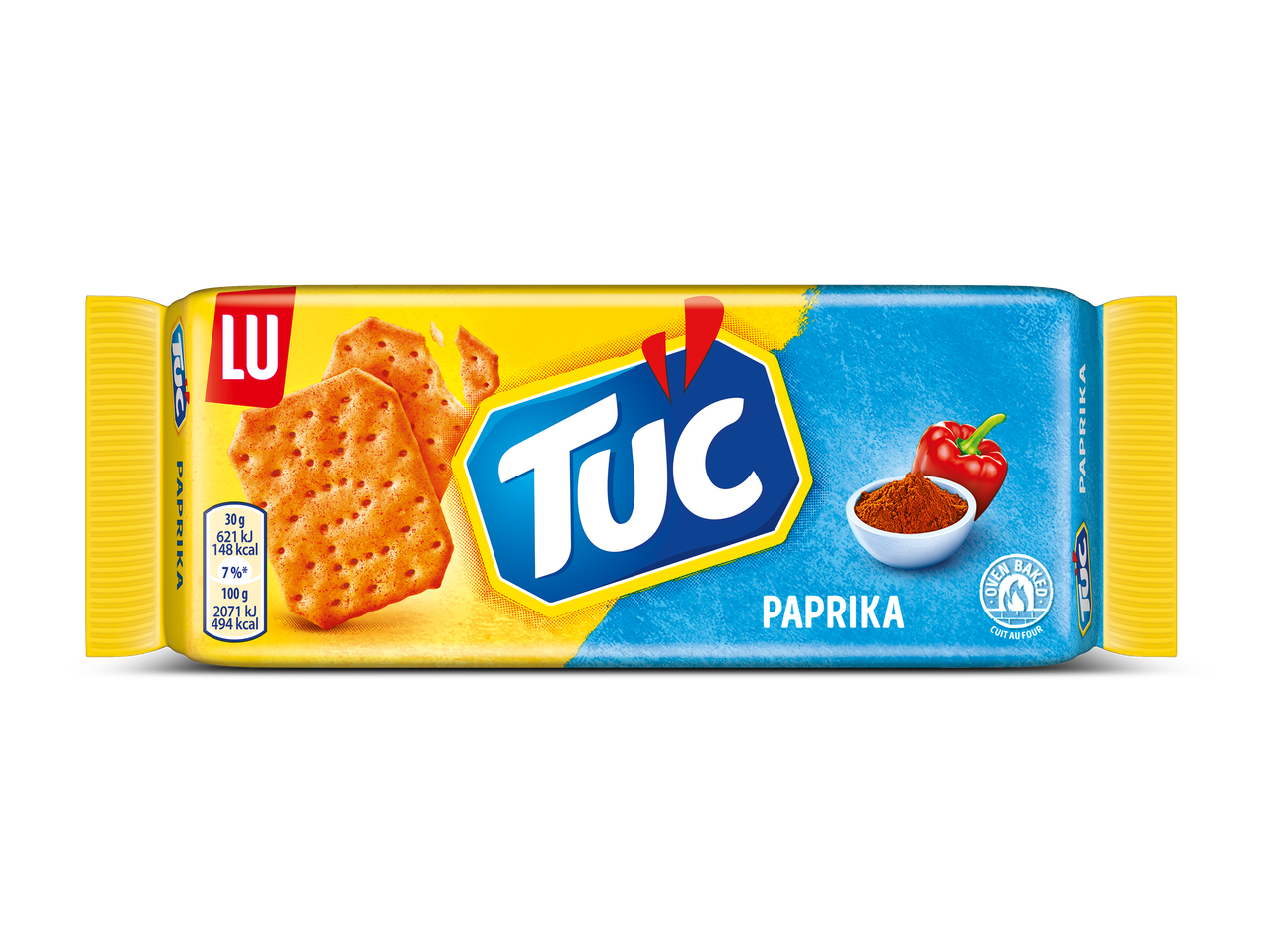 Verpakking met paprikacracker, met voedingswaarden en een afbeelding van paprika en paprikapoeder.