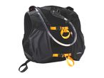 Black hydration vest with orange straps and a clear drinking tube