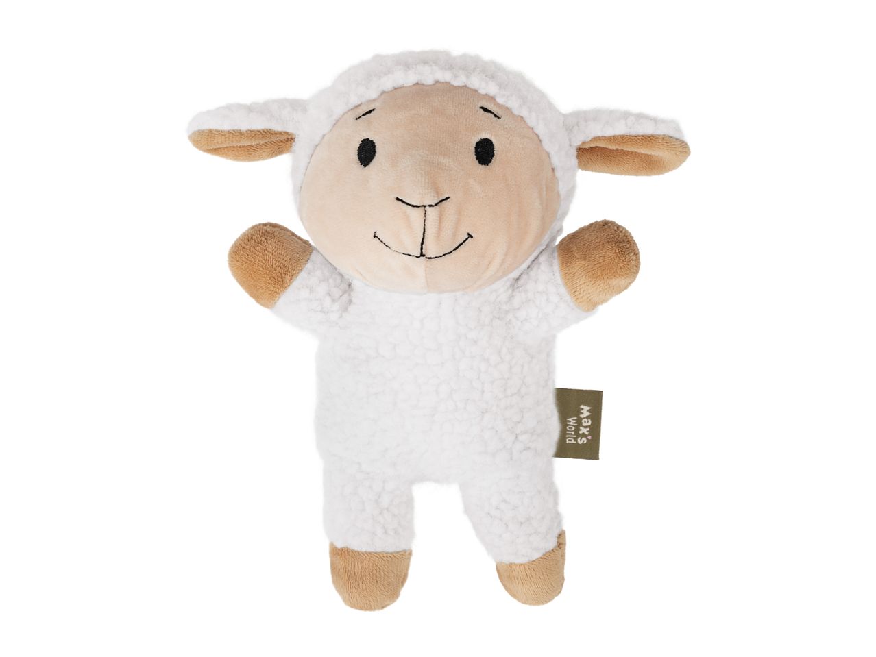 Plush sheep toy with white fleece, beige face, hands and feet