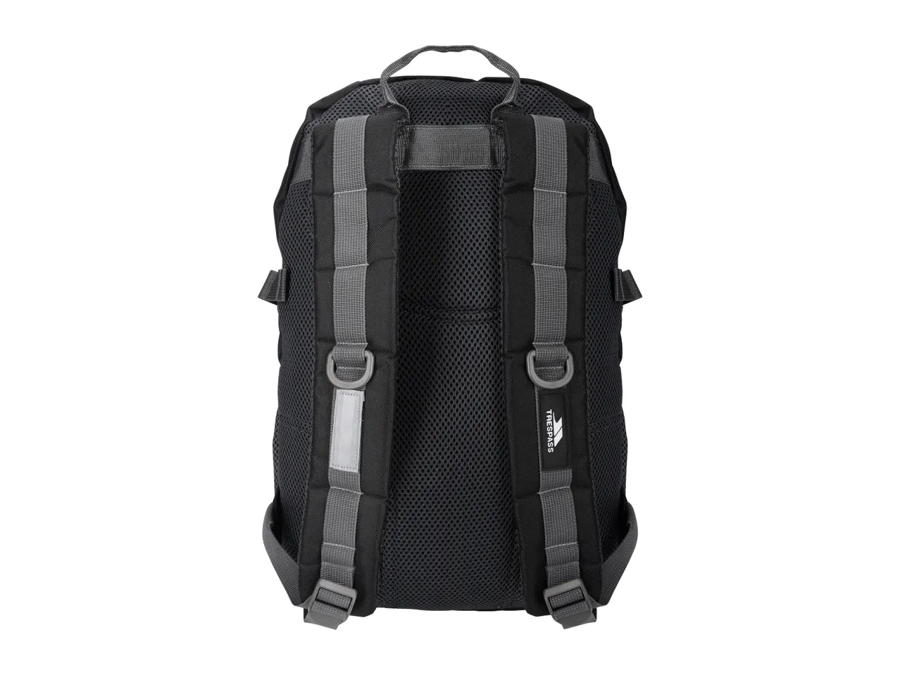 Back view of a black Trespass backpack with gray accents.