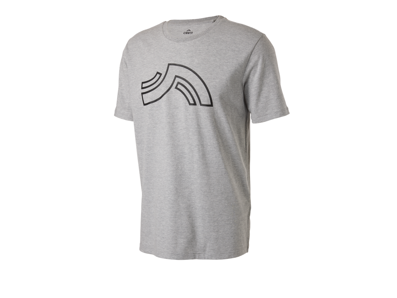 CRIVIT vīriešu sporta T-krekls pelēkā krāsā ar melnu grafisku apdruku uz krūtīm.