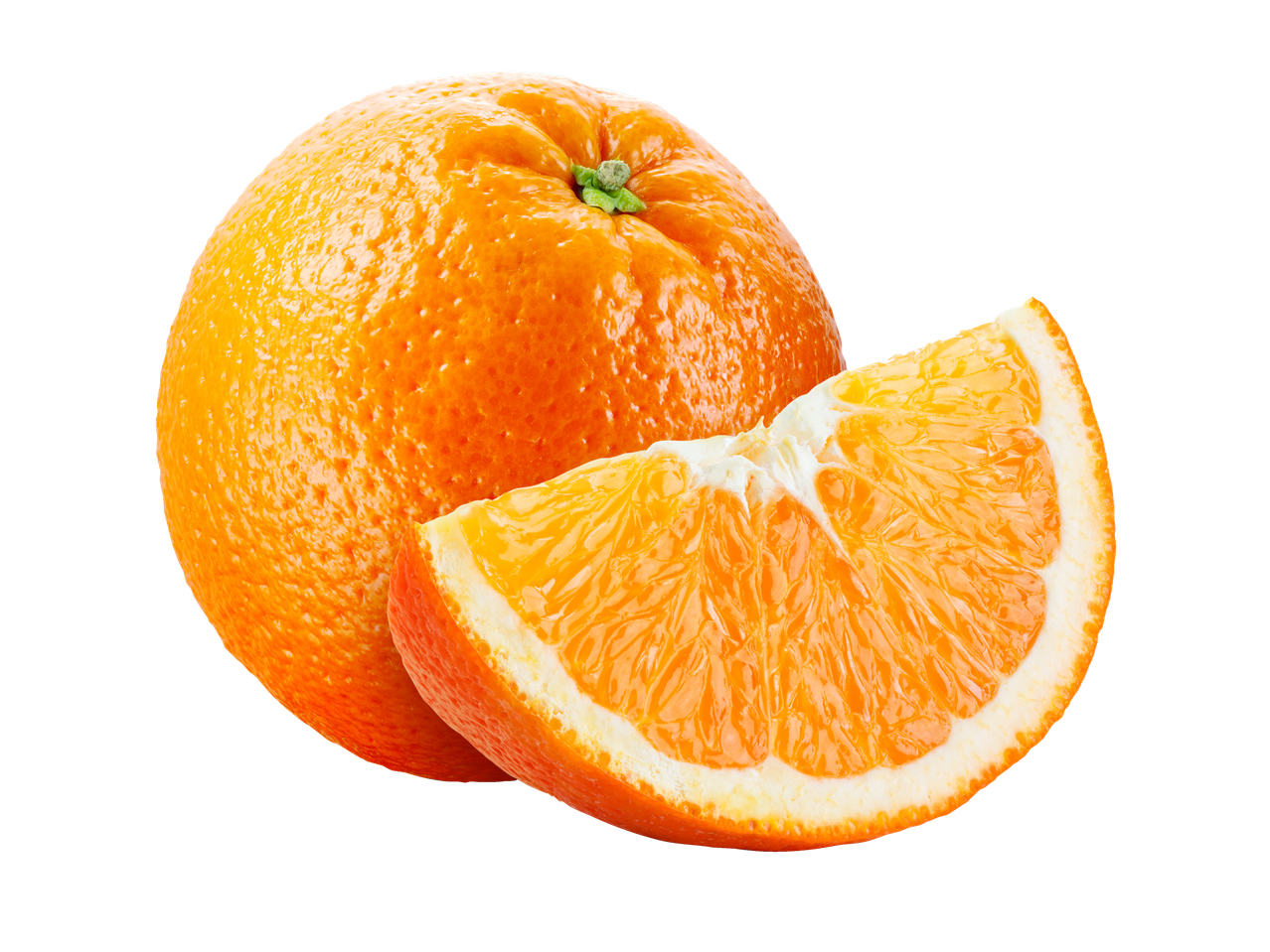 A whole orange and a slice of orange.