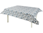 Tablecloth with blue and beige floral pattern.